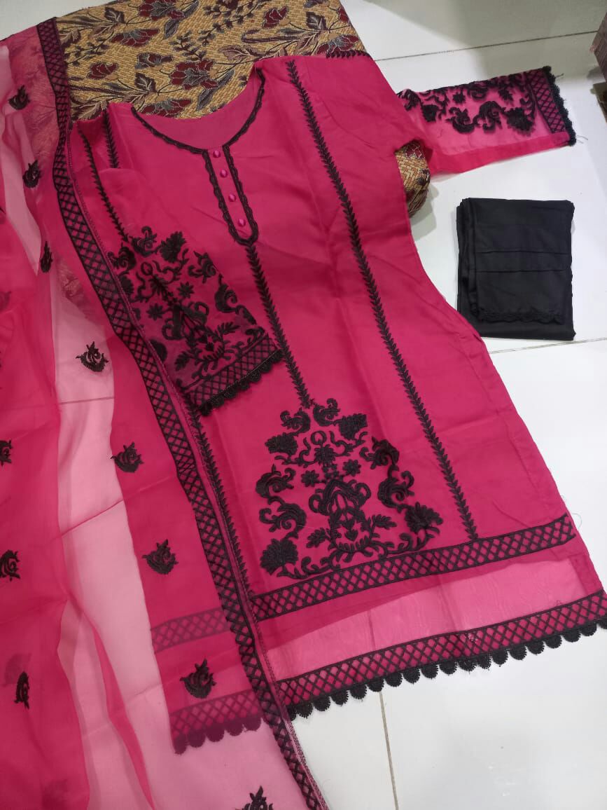 Sleeves, Shirt Embroidered with Lace Attached with Cotton Trouser 3PCs